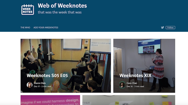 Screenshot of weeknotes site reading "Web of Weeknotes, that was the week that was" with links to weeknotes