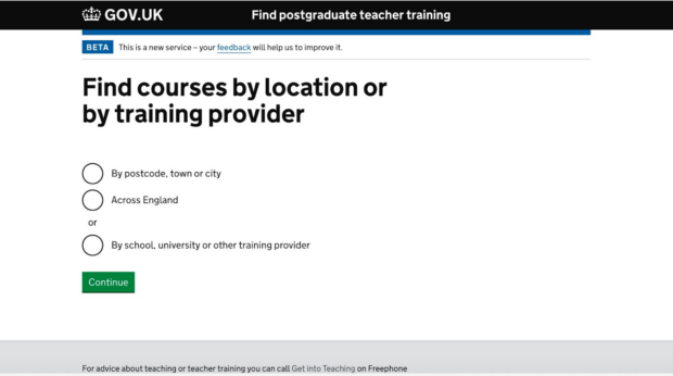 A screenshot of GOV.UK Find oistraduate teacher training service, saying "Find Courses by location or training provider: by postcode, town or city, across England, or by school, university or other training provider" A button is marked "continue"