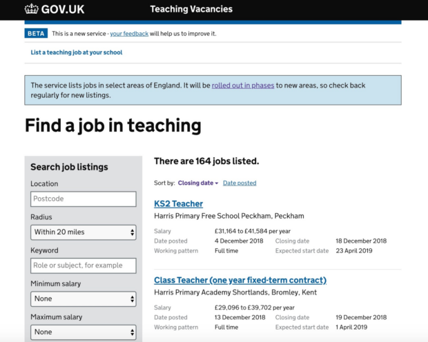 A screenshot of the teaching vacancies service, showing two jobs listed, and search fields