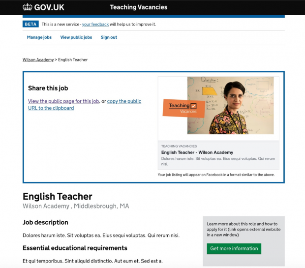 A screen shot of the teacher vacancies service where the user can publish a vacancy. An example English Teacher vacancy in Middlesborough is shown with latin text underneath the headings "job description" and "essential educational requirements" 