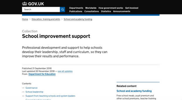 A screenshot of the School Improvement Support guidance page