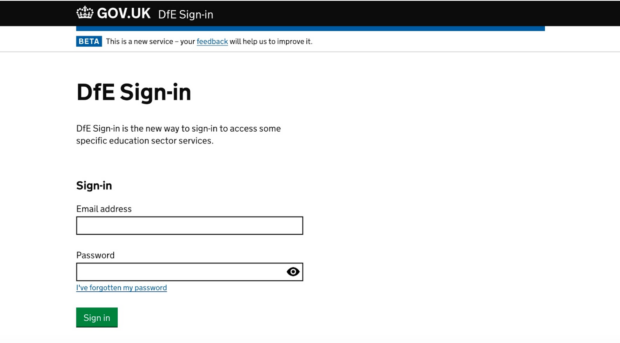 A screen shot of the DfE Sign in service, with text entry boxes marked "email address" and "password", with a green button marked "sign in"