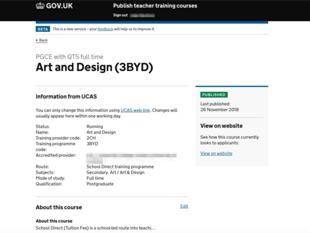 Screenshot of the Publish Teacher Training Courses service with details of an Art and Design (3BYD) course. Information from UCAS is listed about the course, including status (running), name (Art and Design),