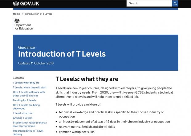 Screenshot of introduction to T Levels guidance. The screenshot reads "T Levels: what they are. T Levels are new 2-year courses, designed with employers, to give young people the skills that industry needs. From 2020, they will give post-GCSE students a technical alternative to A levels and will help them to get a skilled job. T Levels will provide a mixture of: technical knowledge and practical skills specific to their chosen industry or occupation an industry placement of at least 45 days in their chosen industry or occupation relevant maths, English and digital skills common workplace skills