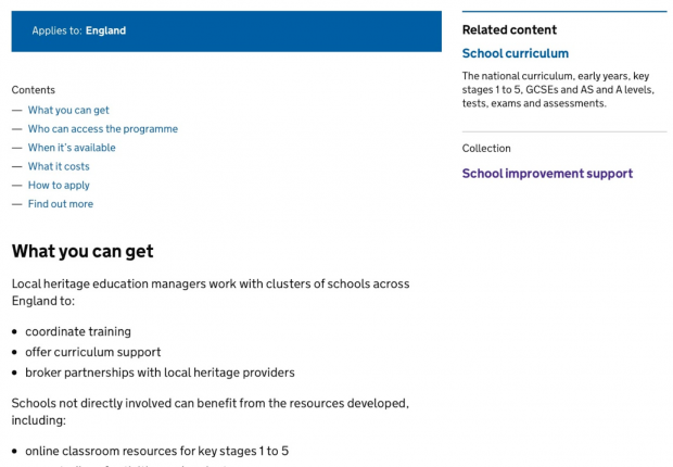 Screenshot of school improvement site showing contents, what you can get. Underneath it reads "local heritage education managers work with clusters of schools across England to coordinate training, offer curriculum support, broker partnerships with local heritage providers. Schools not directly involved can benefit from the resources developed, including online classroom resources for key stages 1 to 5