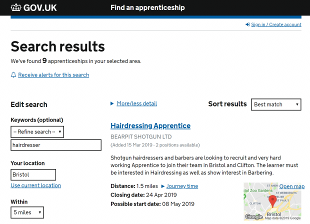 Screen shot of the Apprenticeships service on GOV.UK. Screen shot shows an example of a search engine finding a hairdressing apprenticeship in Bristol. 