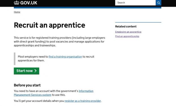 Screen shot of the Apprenticeship service on GOV.UK. Screen shot shows the welcome page for registered training providers to post vacancies and manage applications for apprenticeships and traineeships. 