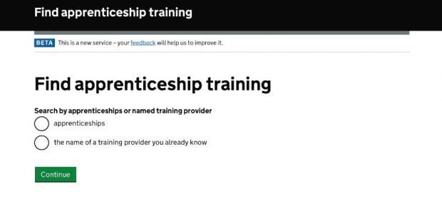 Screen shot of the Apprenticeships service on GOV.UK. Screen shot shows the welcome page for the 'find apprenticeship training' search engine.