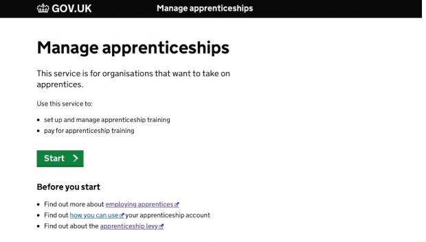 Screen shot of the Apprenticeships service on GOV.UK.. Screen shot shows the welcome page of the 'manage apprenticeships' service for organisations who want to take on apprentices. 