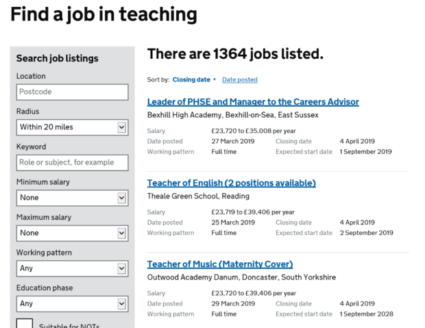 A screenshot from the 'Teaching Vacancies' service on GOV.UK