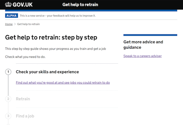 This is a screenshot from the alpha of the National Retraining Scheme