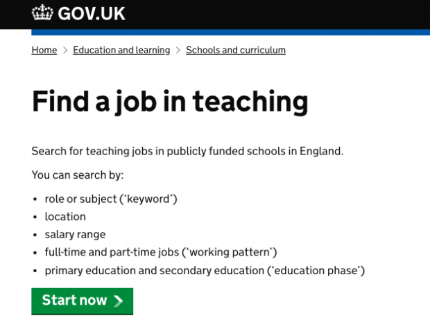 'Find a job in teaching' start page on GOV.UK