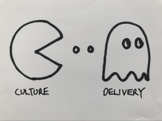 Hand drawn cartoon showing how culture 'speaks to' delivery