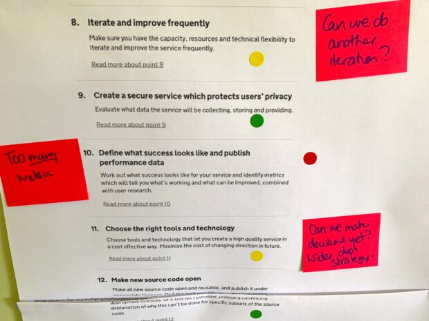 Service assessment criteria list with coloured dots on