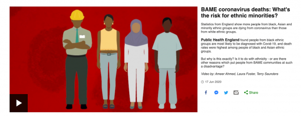 An article with an animated video of 4 people of colour. Text reads 'BAME coronavirus deaths: What's the risk for ethnic minorities? Statistics from England show more people from black, Asian and minority ethnic groups are dying from coronavirus than those from with ethnic groups. Public Health England found people from black ethnic groups most likely to be diagnosed with Covid-19, and death rates were highest among people of black and Asian ethnic groups. But why is this exactly? Is it to do with ethnicity – or are there other reasons which put people from BAME communities at such a disadvantage? Video by: Ameer Ahmed, Laura Foster, Terry Saunders'