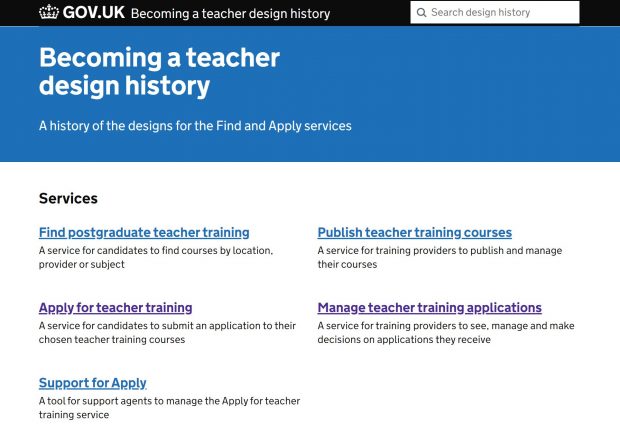 'Becoming a teacher' design history homepage on GOV.UK. 