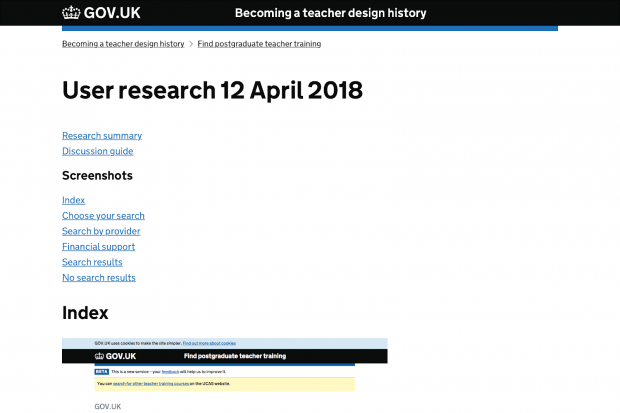 'Find postgraduate teacher training' design history page on GOV.UK. 