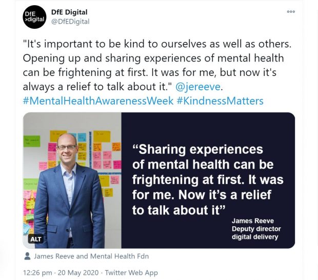Tweet from James Reves reading: 'It's important to be kind to ourselves as well as otjhers. Opening up and sharing experiences of mental health can be frightening at first. It was for me, but now it's always a relief to talk about it.' #MentalHealthAwarenessWeek #KindnessMatters
