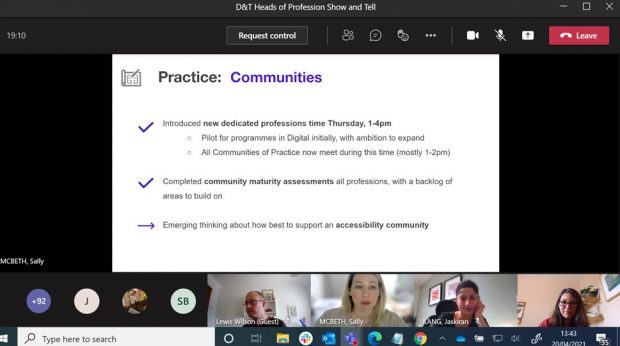 4 people on a video call looking at a slide about communities of practice