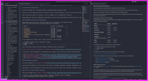 Screen showing the backend of Codespaces with the website content written in Markdown code