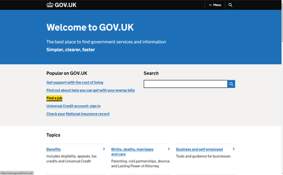 GOV.UK homepage with the focus state indicated for keyboard-only navigation. The focus state is on 'Find a job'.
