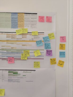 Printed Gantt Charts and spreadhseets in different colours with very small text. Lots of multi-coloured sticky notes with small text on stuck to the printed posters.